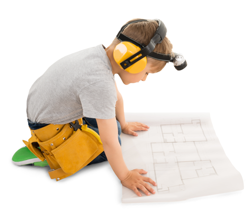 Responsive image of Young Boy Reading Blueprints